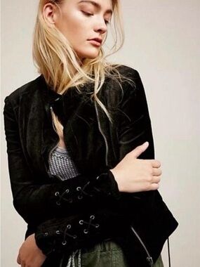 Free People Black Velvet Bomber Jacket